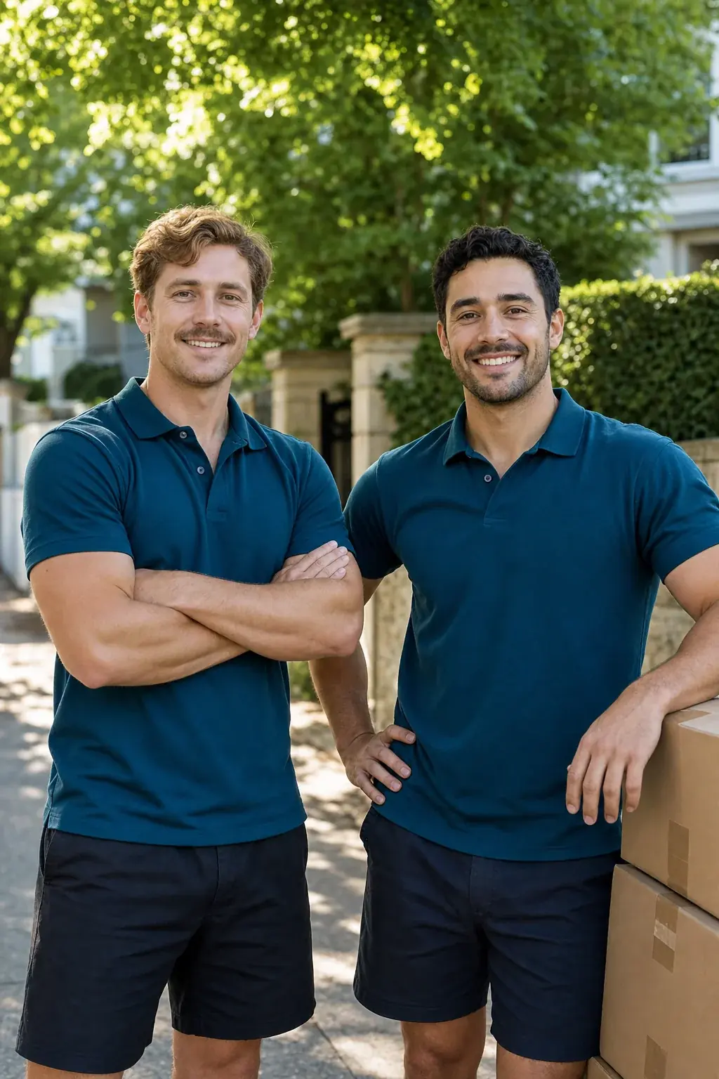 The Darling Point Removalists crew in teal uniforms on a leafy Eastern Suburbs street