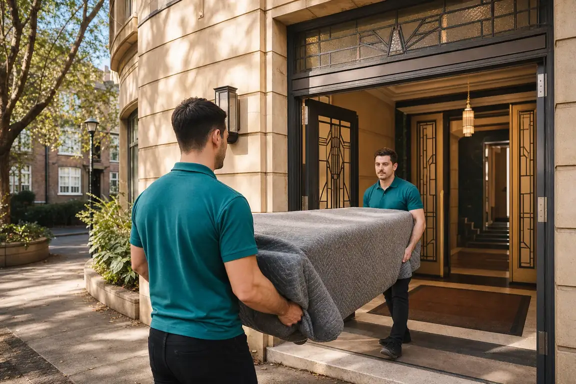 Darling Point Removalists crew carrying furniture through an Art Deco apartment entrance in Elizabeth Bay, Eastern Suburbs Sydney