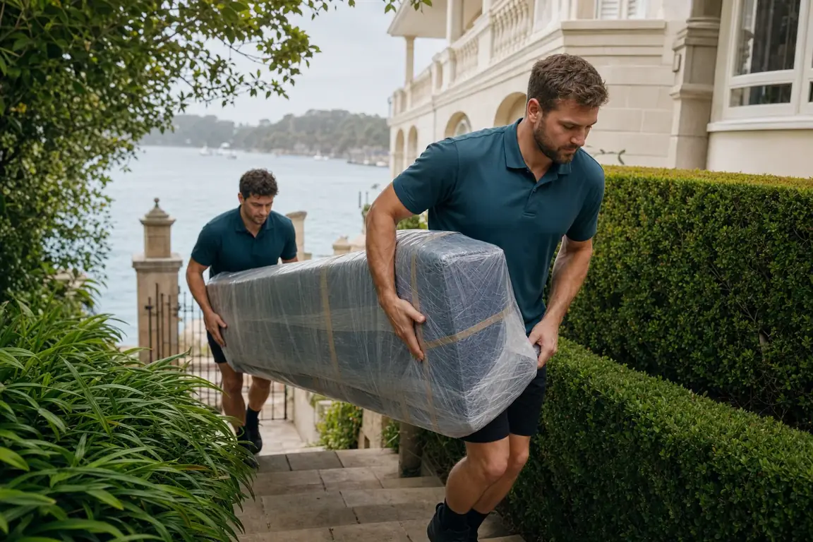 Removalists carefully carrying wrapped furniture up steep steps at a harbourside Point Piper home in Sydney's Eastern Suburbs
