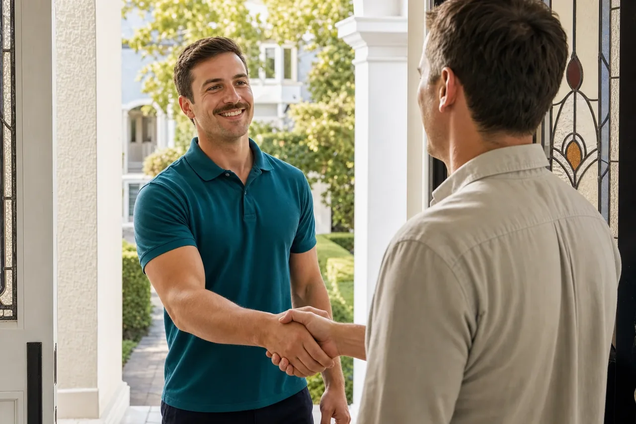 A removalist shaking hands with a homeowner at the door of an Eastern Suburbs home after providing a written quote