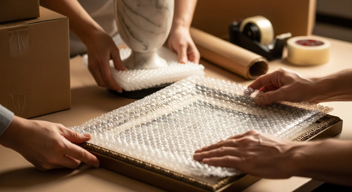 Removalist carefully wrapping a framed artwork in padded blankets before a house move