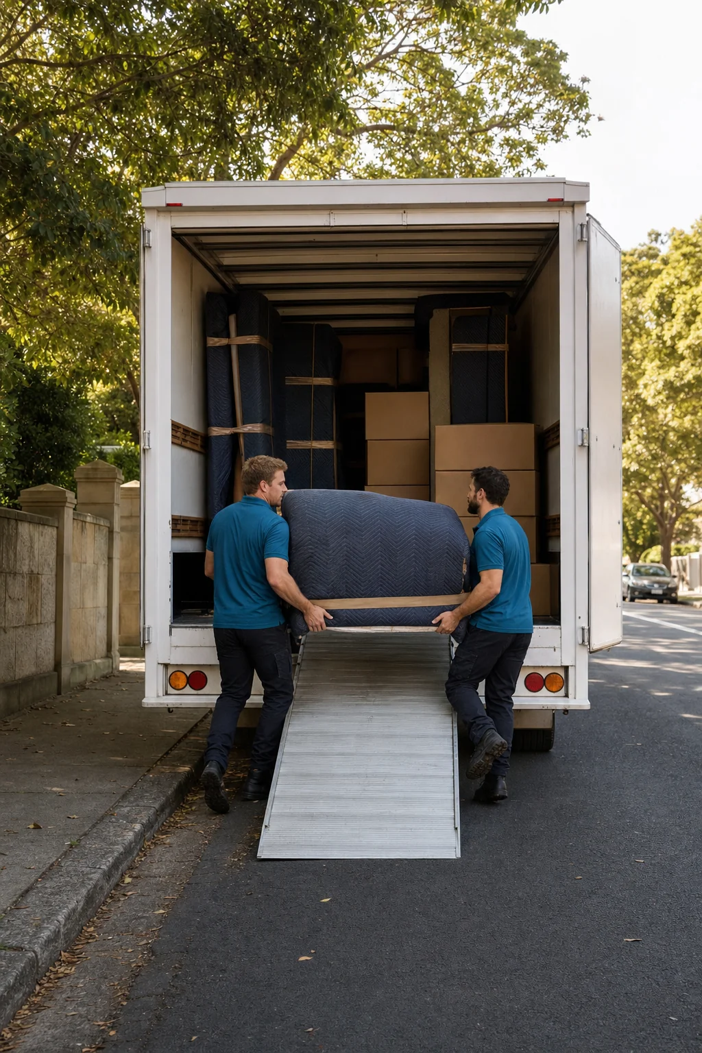 Two removalists carrying a blanket-wrapped sofa up the ramp into a removal truck on an Eastern Suburbs street