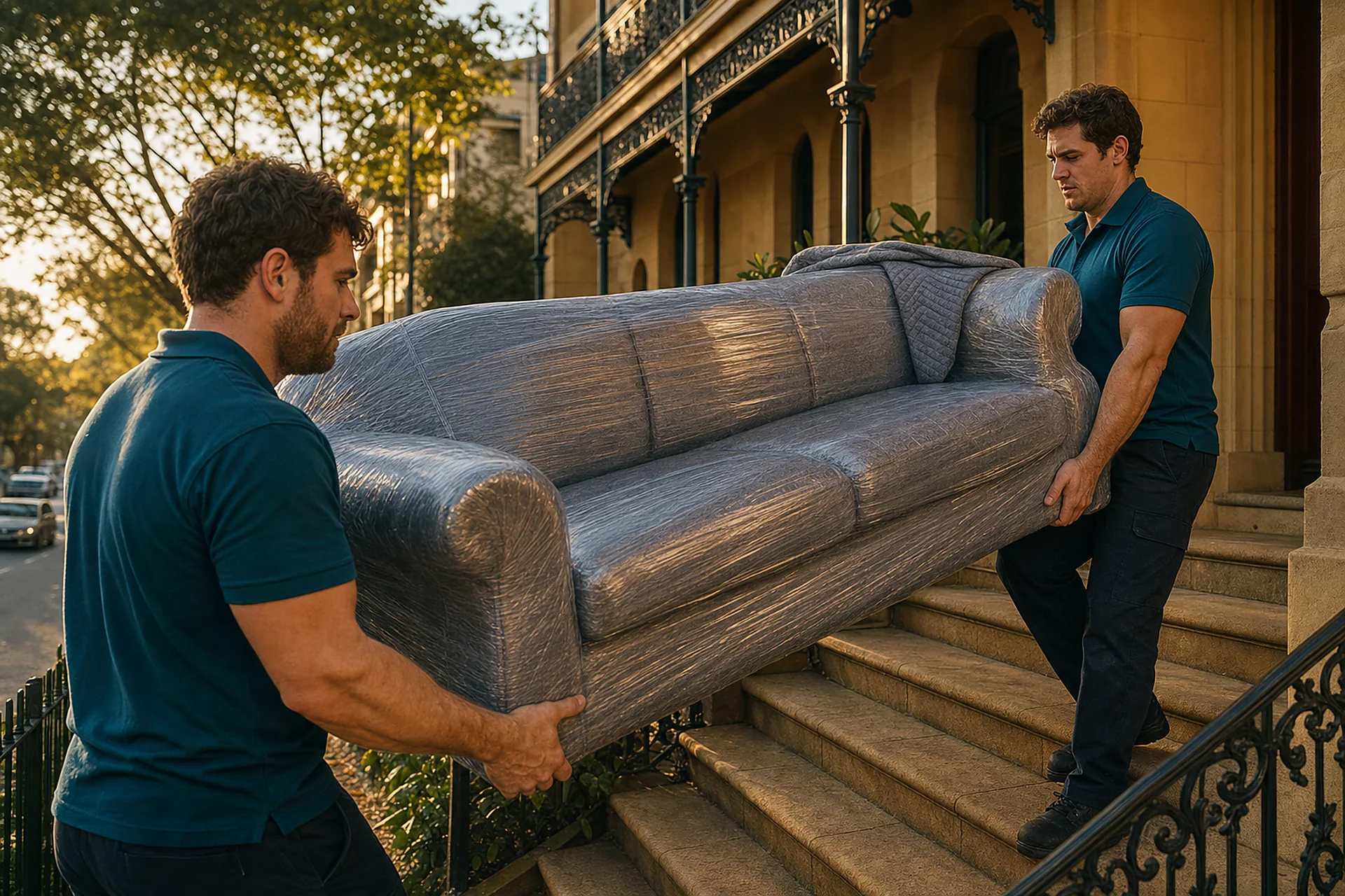 Two removalists in teal uniforms carefully carrying a wrapped sofa up the sandstone steps of an elegant Eastern Suburbs terrace home in Sydney