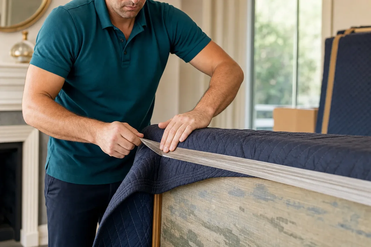 Darling Point Removalists crew member wrapping a framed artwork in protective blankets inside an Eastern Suburbs home