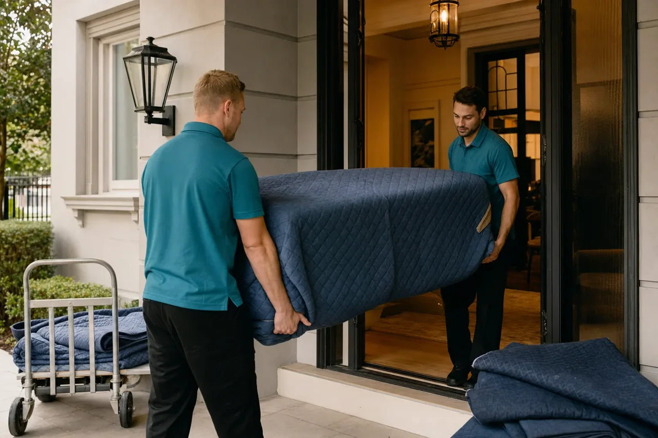 Two removalists carefully carrying a padded upright piano down sandstone stairs, Eastern Suburbs Sydney