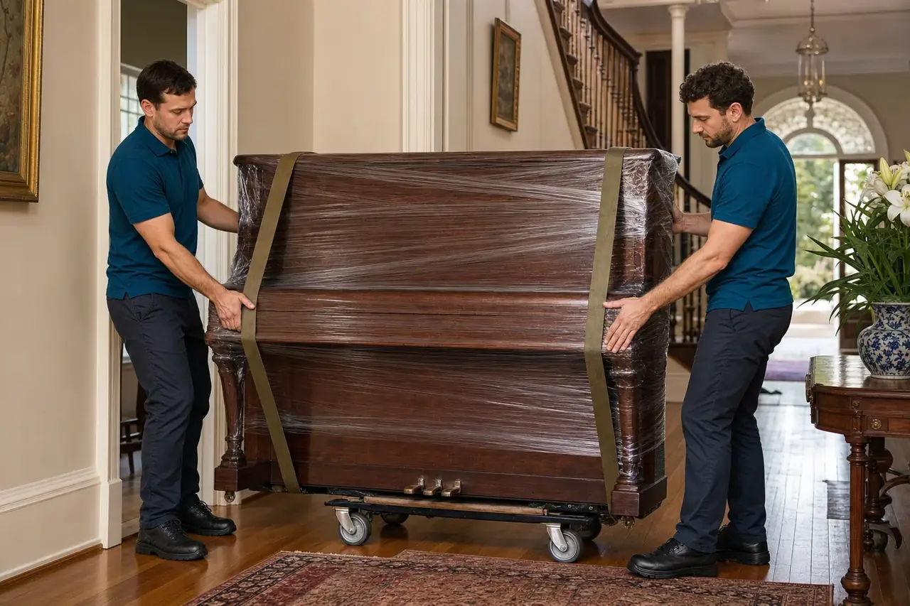 Removalists using piano skid and protective wrap to move baby grand piano through elegant Eastern Suburbs home